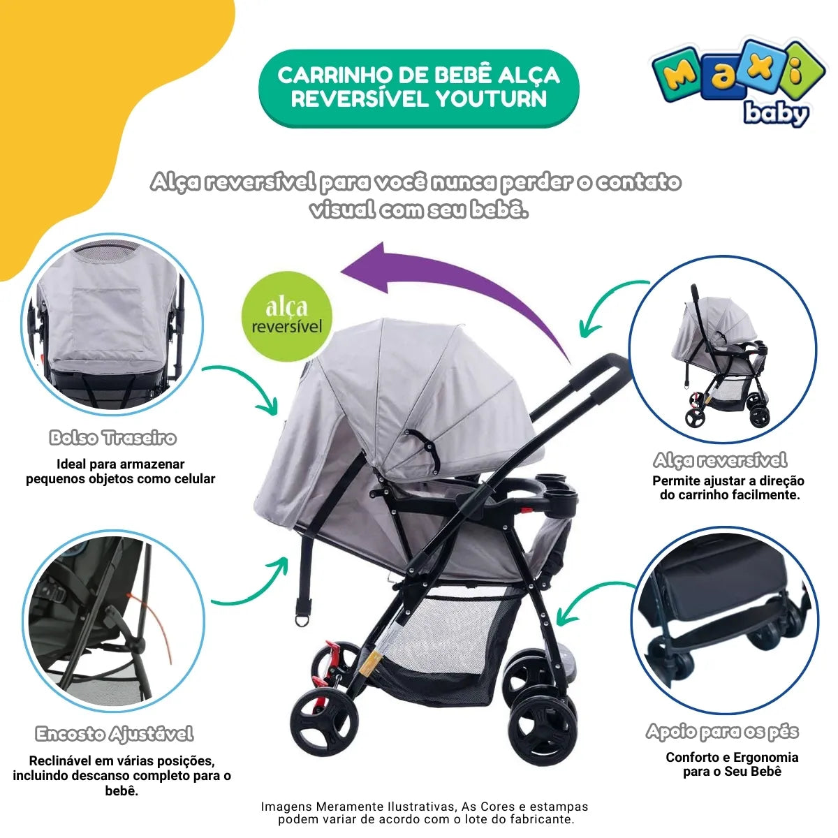 (2 CORES) Carrinho de Bebê Com Alça Reversível YouTurn Maxi Baby