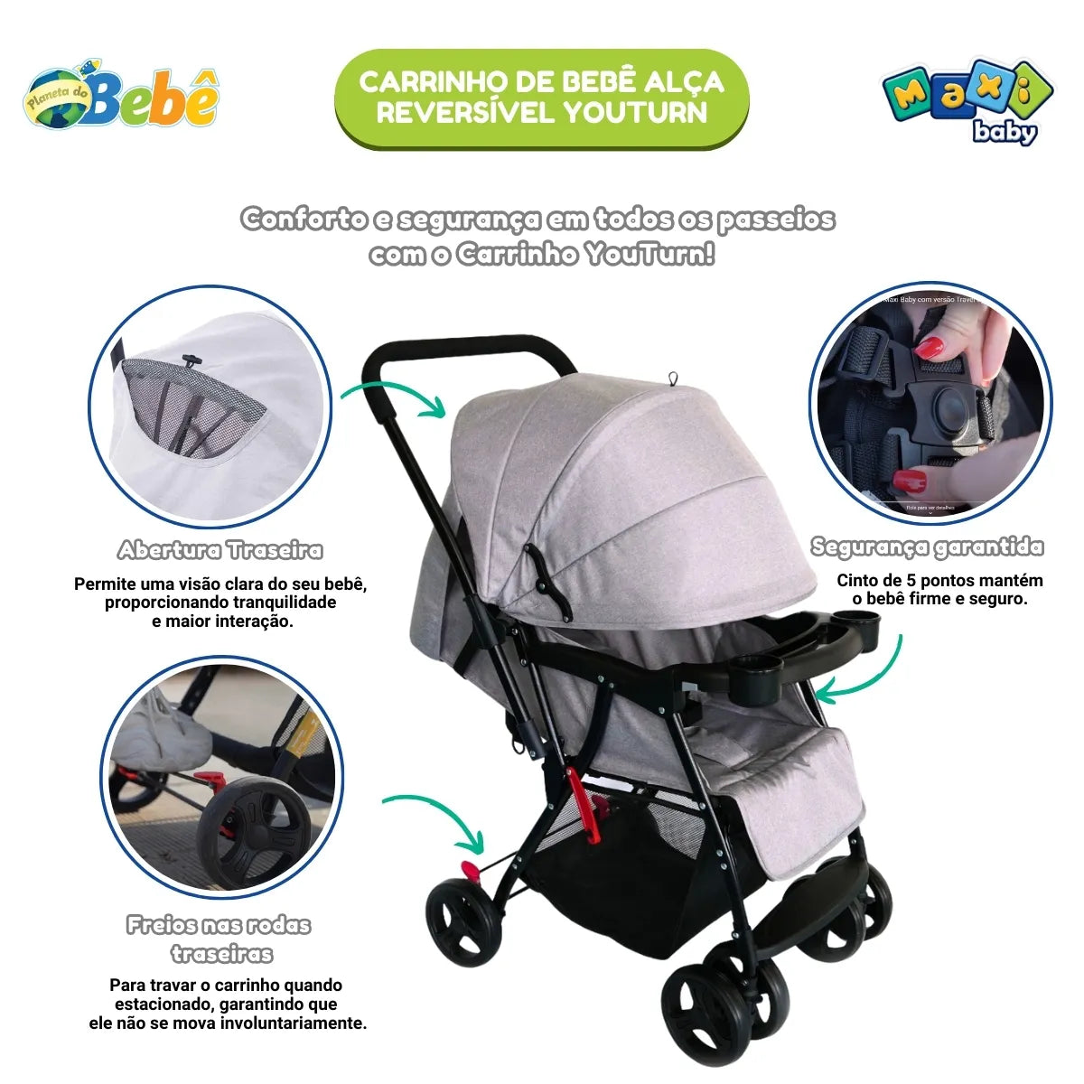 (2 CORES) Carrinho de Bebê Com Alça Reversível YouTurn Maxi Baby