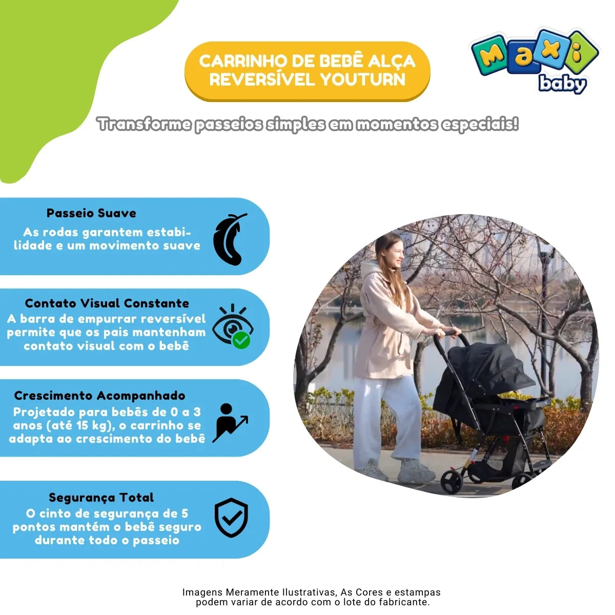 (2 CORES) Carrinho de Bebê Com Alça Reversível YouTurn Maxi Baby