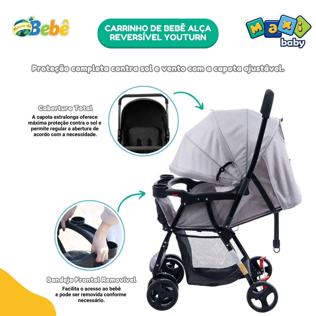 (2 CORES) Carrinho de Bebê Com Alça Reversível YouTurn Maxi Baby
