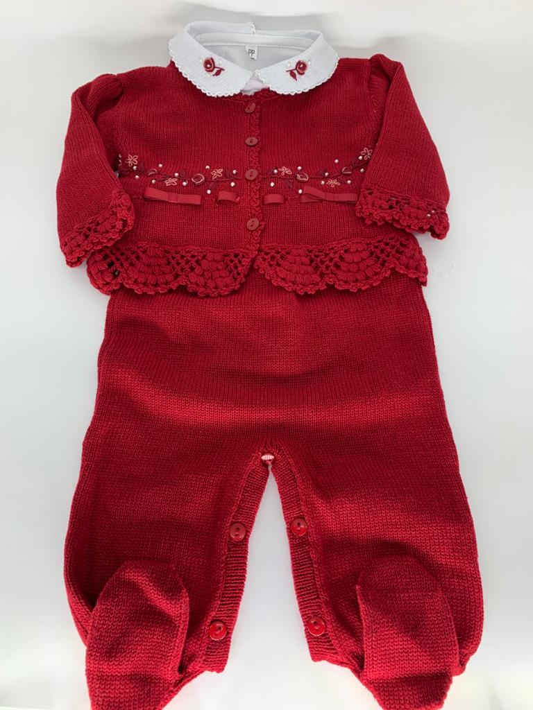 Saída maternidade Macacão Tricot bordado Vermelho Menina