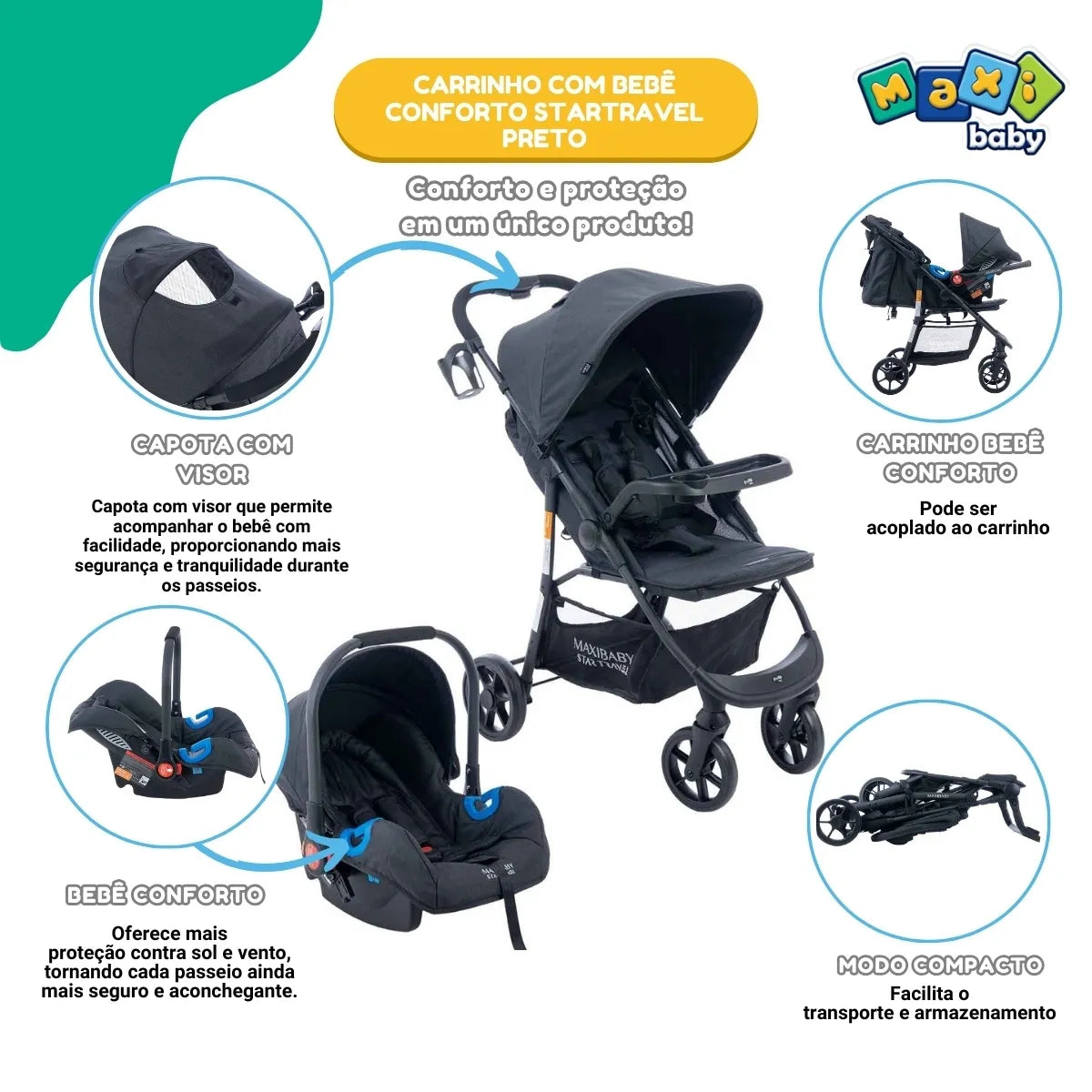 (2 CORES) Carrinho de Bebê Com Bebê Conforto Startravel - Maxi Baby