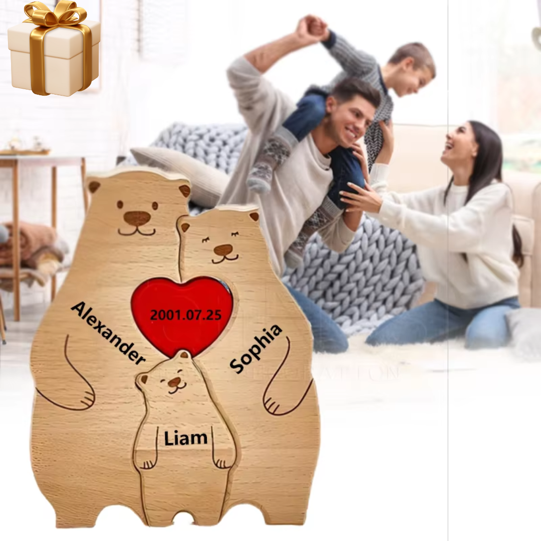 Quebra-cabeça de madeira de família de urso - Nomes Personalizados