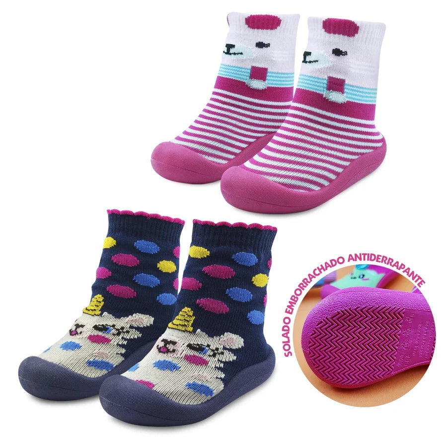 Kit 2 Pares Meia com Sola Bebê Emborrachada