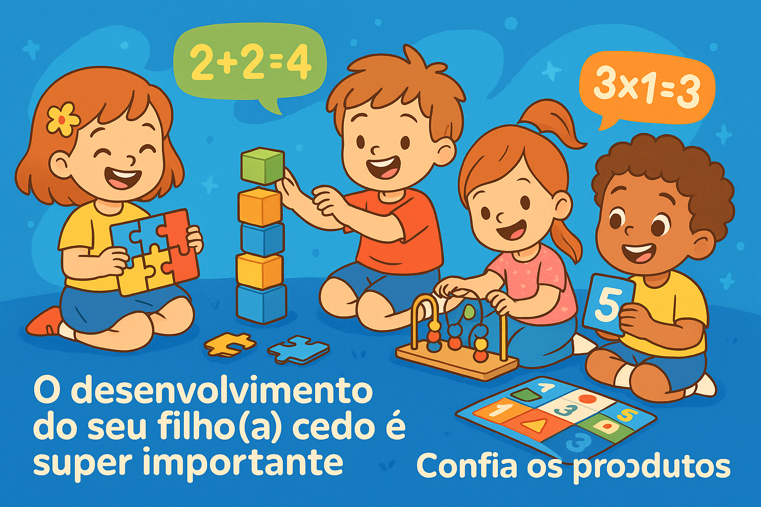 Faça um banner para uma loja de criancas no estilo 2d cartoon, na paleta de cores azul, coloque algumas contas matematicas, crianca brincando com brinquedos educacionais

E COLOQUE ESSA FRASE ABAIXO NO BANNER:
O desenvolvimento do seu filho(a) cedo é super importante
Confia os produtos